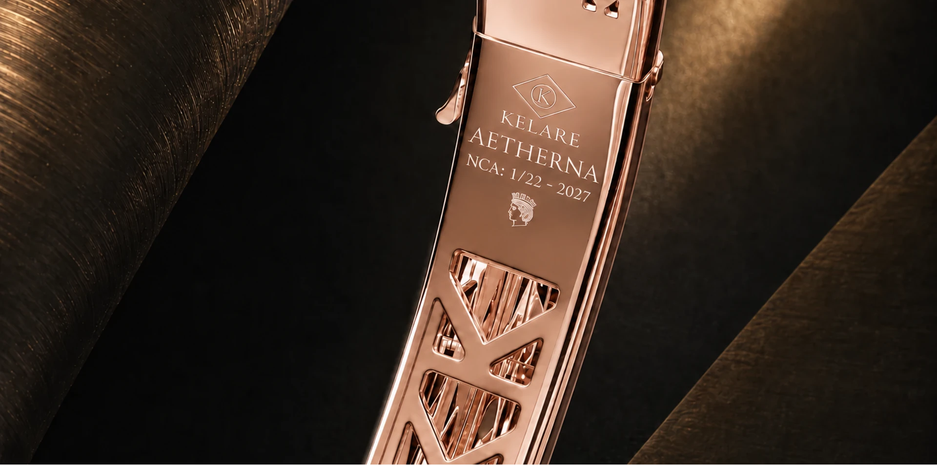 AETHERNA rose gold interior with KELARE signatures and NCA 1/22 – 2027 engraving