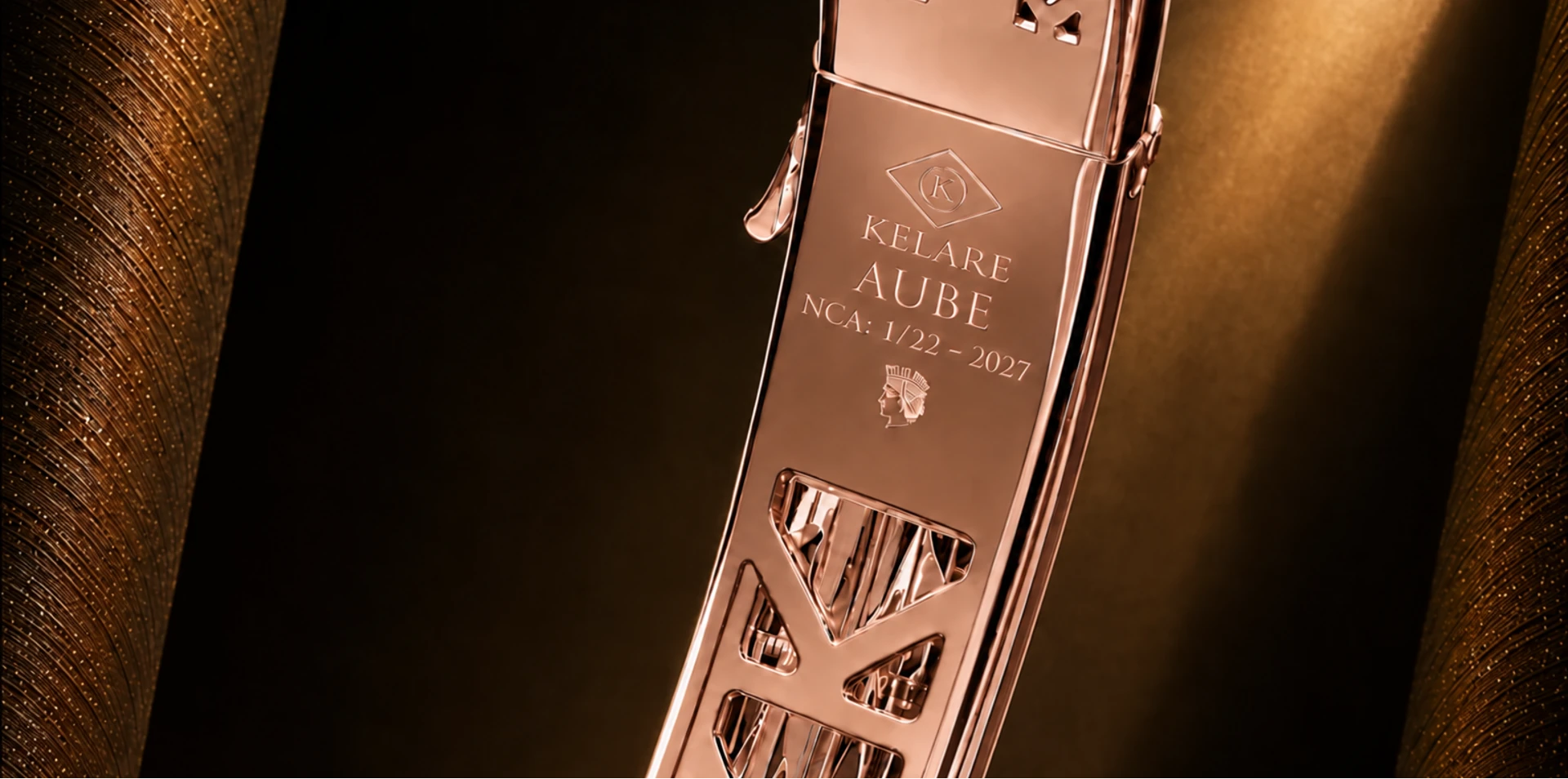 AUBE rose gold interior engravings, K frieze and annual numbering