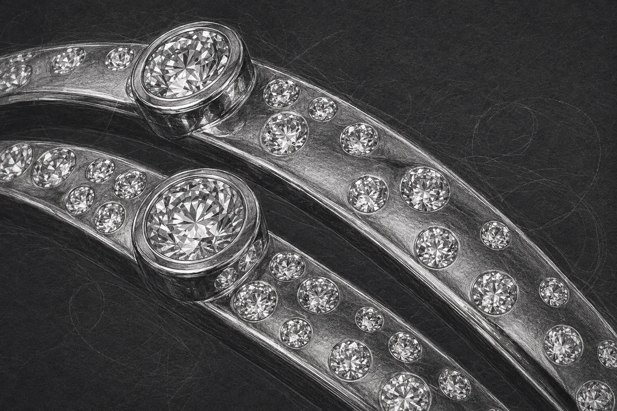 Charcoal detail study of ASTRA DUALIS AUBE and its progressive diamond setting
