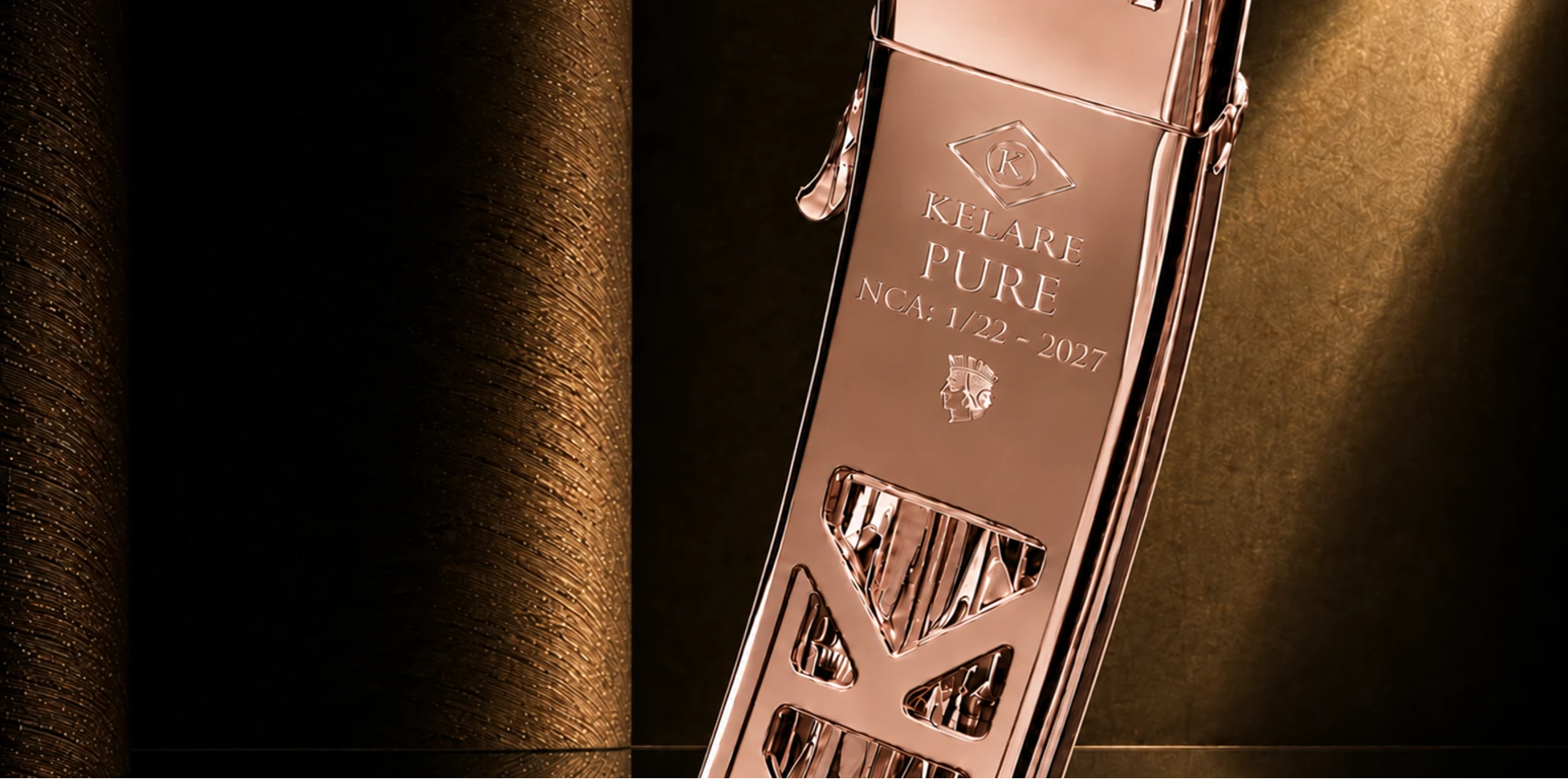 PURE rose gold interior showing KELARE, PURE, NCA and Turrita markings